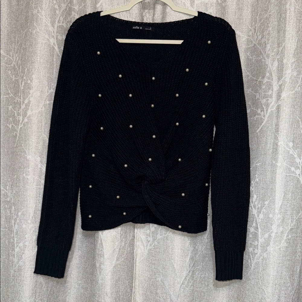Elegant Black V-Neck Sweater with Pearl Accents